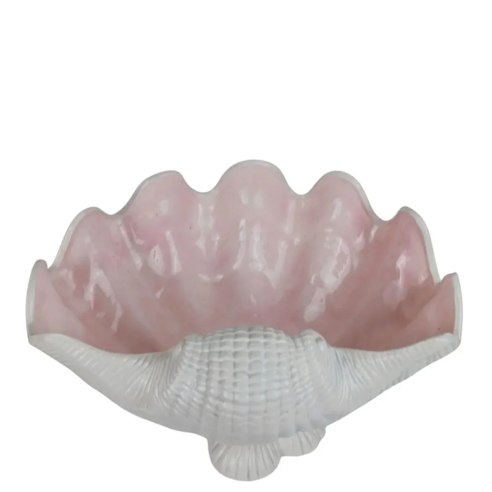 Vtg Large Deco Regency MCM Pink Ceramic Oyster Shell Clamshell Bowl Planter